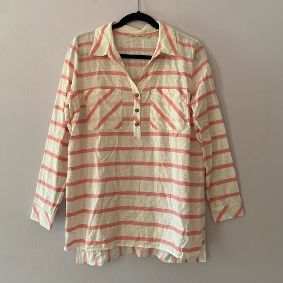 Soft Surroundings Women's size Large Pink White Stripe Button Down Cotton Shirt - Picture 1 of 8